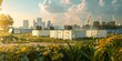 © imlane - A photorealistic image of modern battery storage equipment in an open field, with solar panels and wind turbines behind it