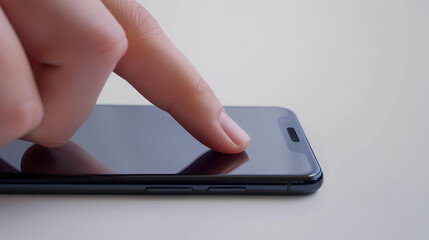 Mobile phone screen mockup, finger touching, tapping on smartphone isolated on white background