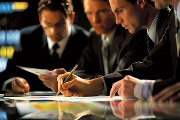 Poster - Men sitting at a table, writing on paper, engaged in a business meeting or planning session, An accomplished manager strategizing future business initiatives with a team of executives