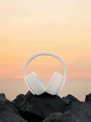 Wall Mural - A white over-ear headphone with a metallic texture and matte surface resting on black rocks against the backdrop of an orange sky at dusk