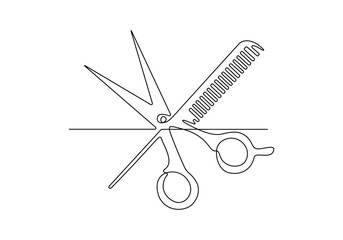 Poster - scissor and comb continuous one line drawing vector illustration. pro vector
