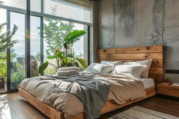 Interior of modern bedroom with wooden bed and plants.