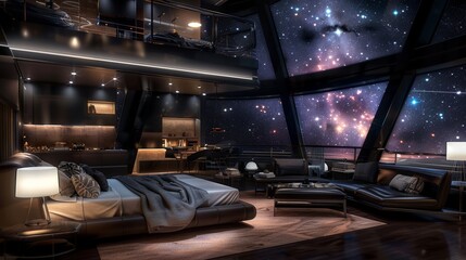 Wall Mural - bedroom area on the 2nd level of a modern loft apartment, night time, spaceship interior akin to cruise liner, multiple large observation windows, starfield view outside, open floor plan, contemporary