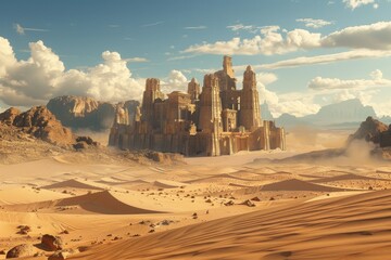 Canvas Print - A desert landscape with towering sand dunes in the foreground and a castle visible in the distance under a clear sky, An arid desert landscape with towering sand dunes and ancient temples