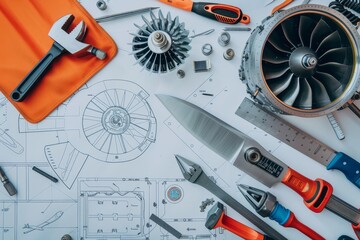 Poster - Various tools neatly arranged on a workbench for convenience during tasks and repairs, An array of tools laid out on a workbench next to a schematic of an airplane engine
