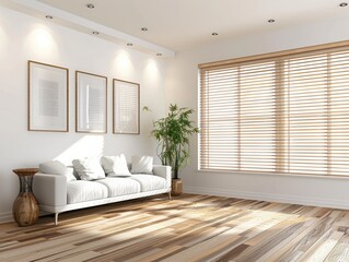 Wall Mural - A living room with white walls, wooden floor and window blinds, featuring three picture frames on the left wall