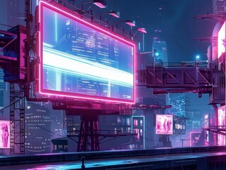 Aufkleber - Blank billboard set against a neon-lit cyberpunk backdrop. Ideal for dynamic futuristic ads.