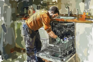 Poster - A painting depicting a man fixing a dishwasher, An artistic interpretation of a handyman cleaning the filters in a dishwasher