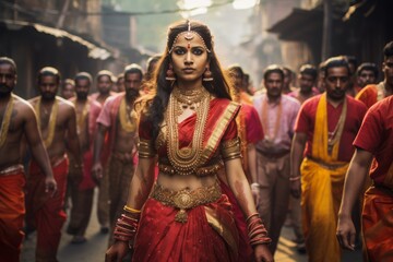 Navaratri procession with a single dancer leading the way