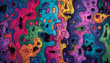 Wall Mural - Morphing figures with psychedelic hues, Trippy LSD doodles, Transforming shapes