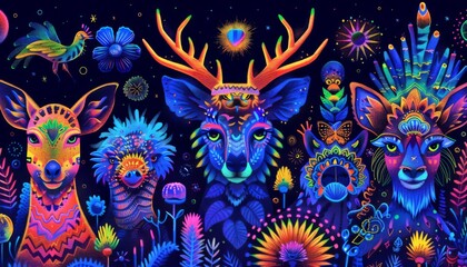 Wall Mural - Neon animals with trippy patterns, Trippy LSD doodles, Glowing wildlife