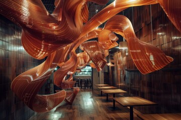 Poster - room with wooden benches and large hanging sculpture, an avant-garde installation featuring swirling
