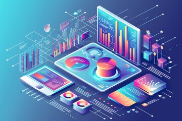 Fototapete - isometric view Digital marketing Data analysis insight report, A futuristic image showing a person analyzing data on a holographic screen, surrounded by advanced technology, AI generated