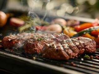 Wall Mural - sizzling steak and vibrant vegetables on a smoky grill rich colors appetizing textures and rising steam capture the essence of summer barbecue and culinary delight