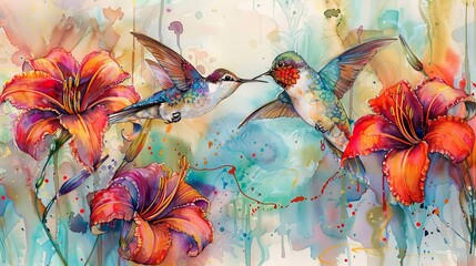 A painterly,, illustrative piece of Two whimsical, lovely, quirky hummingbirds hovering over a bed of bright red daylilies, one has his nose in one of the flowers as the other hummingbird hovers close