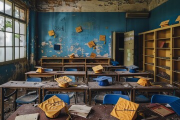 Poster - Classroom setting with blue and yellow walls, wooden desks, and scattered graduation caps, An empty classroom with scattered graduation caps and textbooks