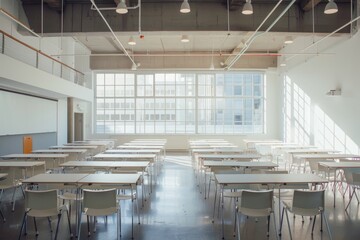 Poster - A vacant classroom with rows of white desks and chairs neatly arranged, An empty room filled with rows of white desks and chairs