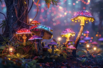 Canvas Print - A cluster of mushrooms growing in the lush green grass of a forest, An enchanting forest filled with colorful mushrooms and fairy lights