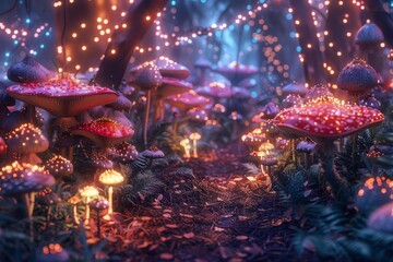 Canvas Print - A collection of mushrooms growing in the grassy forest floor, An enchanting forest filled with colorful mushrooms and fairy lights