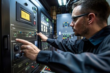 Poster - Engineer adjusting control settings on SCADA system in control room, An engineer adjusts control settings on a SCADA system interface