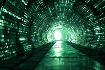 Poster - Infinite tunnel of binary code representing matrix, A green tunnel with binary code running along the walls, AI garneted