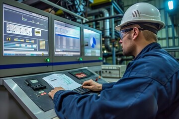 Canvas Print - A man in a hard hat is busy working on a machine in an industrial setting, An engineer creates custom reports using data from a SCADA system