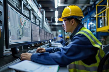 Poster - a man in a factory setting is analyzing data on a computer to create reports, an engineer creates cu