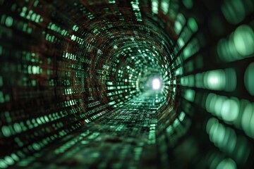 Poster - Infinite tunnel of binary code representing matrix, A green tunnel with binary code running along the walls, AI garneted
