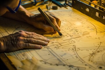 Poster - An engineer meticulously drawing on a wooden surface to create a detailed blueprint for machinery design, An engineer working on an intricate machinery blueprint