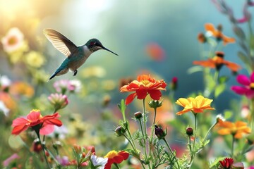 Hummingbirds hovering over brightly colored flowers, Vibrant garden scene with a hummingbird hovering near colorful flowers, Ai generated