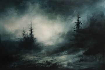 Wall Mural - Trees stand in a misty forest, creating an eerie atmosphere, An ethereal landscape against a backdrop of darkness