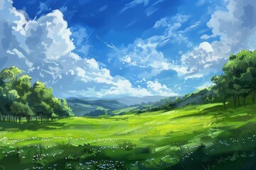 Sticker - A painting featuring a lush green field dotted with trees, An idyllic countryside setting with verdant meadows and a deep blue sky overhead