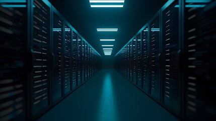 Poster - A futuristic data center with rows of servers illuminated by blue lights, depicting advanced technology and digital infrastructure.