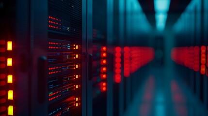 Poster - A modern data center with rows of servers illuminated by red lights, showcasing advanced technology and network infrastructure.