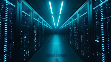 Poster - Modern data center server room with blue lights and numerous server racks, representing advanced technology infrastructure.