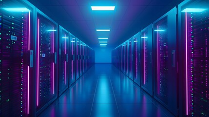 Poster - Modern data center with rows of server racks illuminated in blue and purple neon lights, showcasing advanced technology and networking infrastructure.