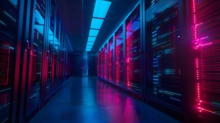 Poster - Modern server room with vibrant blue and red lighting showcasing advanced technological infrastructure and data management systems.