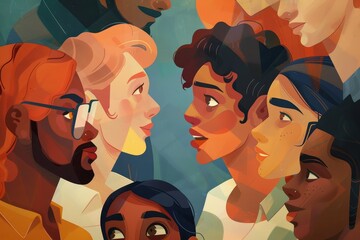 Wall Mural - Multiracial team standing side by side in a group, An imaginative visualization of a multiracial team engaging in dialogue and teamwork