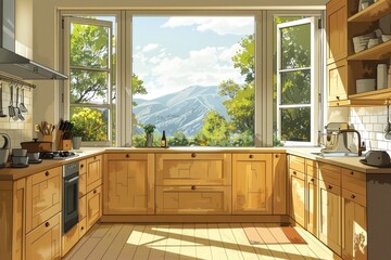 Wall Mural - interior of a bright kitchen with a large window and mountain views