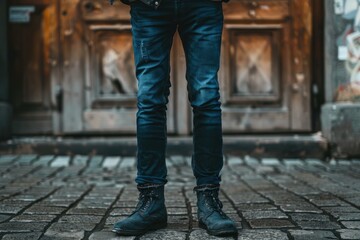 Canvas Print - Detailed view of a person's lower half in jeans and black boots, standing on a textured cobblestone path