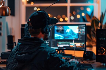 Wall Mural - A man sits at a computer wearing headphones, likely participating in a virtual lecture or meeting, An instructor hosting a live lecture on a computer screen