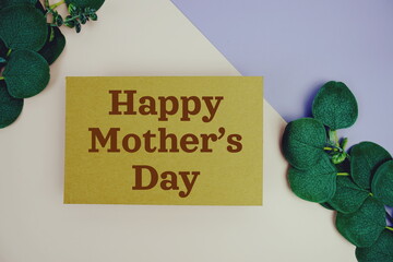 Wall Mural - Happy Mother's day text on green paper card with eucalyptus leaf decoration top view on pink and purple geometric background