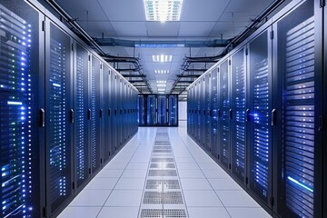 Poster - Hightech data center with illuminated server racks in a clean, secure facility