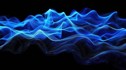 Poster - Horizontal blue particle streaks and undulating waves on black