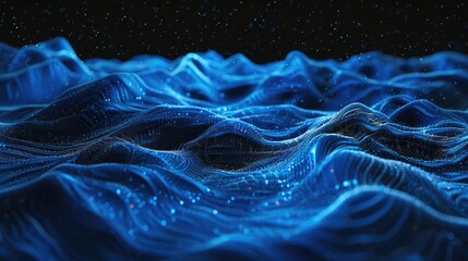 Poster - Horizontal blue particle streaks and undulating waves on black