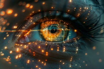 Poster - Closeup of a human eye with glowing digital graphics signifying advanced technology integration