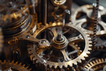 Poster - Close-up view of a complex clock mechanism showing numerous interlocking gears in motion, An intricate mechanical contraption with gears and pulleys interlocking