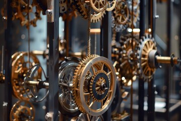 Poster - Detailed view of a clock mechanism with gears intricately attached for precise timekeeping, An intricate system of pulleys and levers working in unison