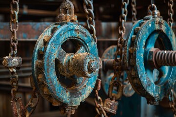Poster - A detailed view of a machine with chains connected to it, showcasing its intricate system of pulleys and levers, An intricate system of pulleys and levers working in unison