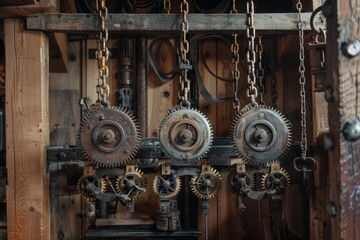 Poster - Multiple gears are suspended from chains in a room, showcasing an intricate system of pulleys and levers, An intricate system of pulleys and levers working in unison